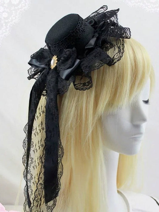 White and Black Gothic Mini Hat with Lace and Bow - Post-2000 Gift Shop