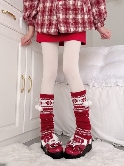 Pattern Decorations Red Snowflake Warmers Leg Pom-pom with Knitted