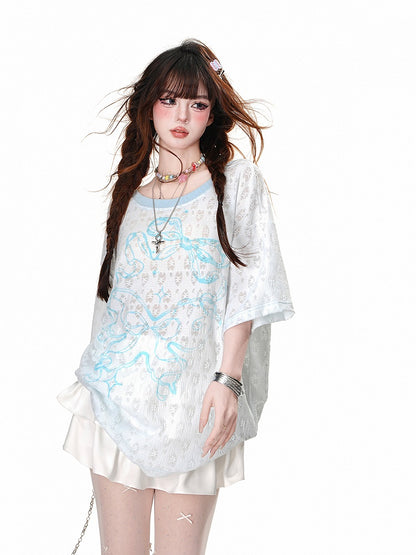 Blue/White Semi-sheer Bowknot Print Backless T-Shirt with Bow