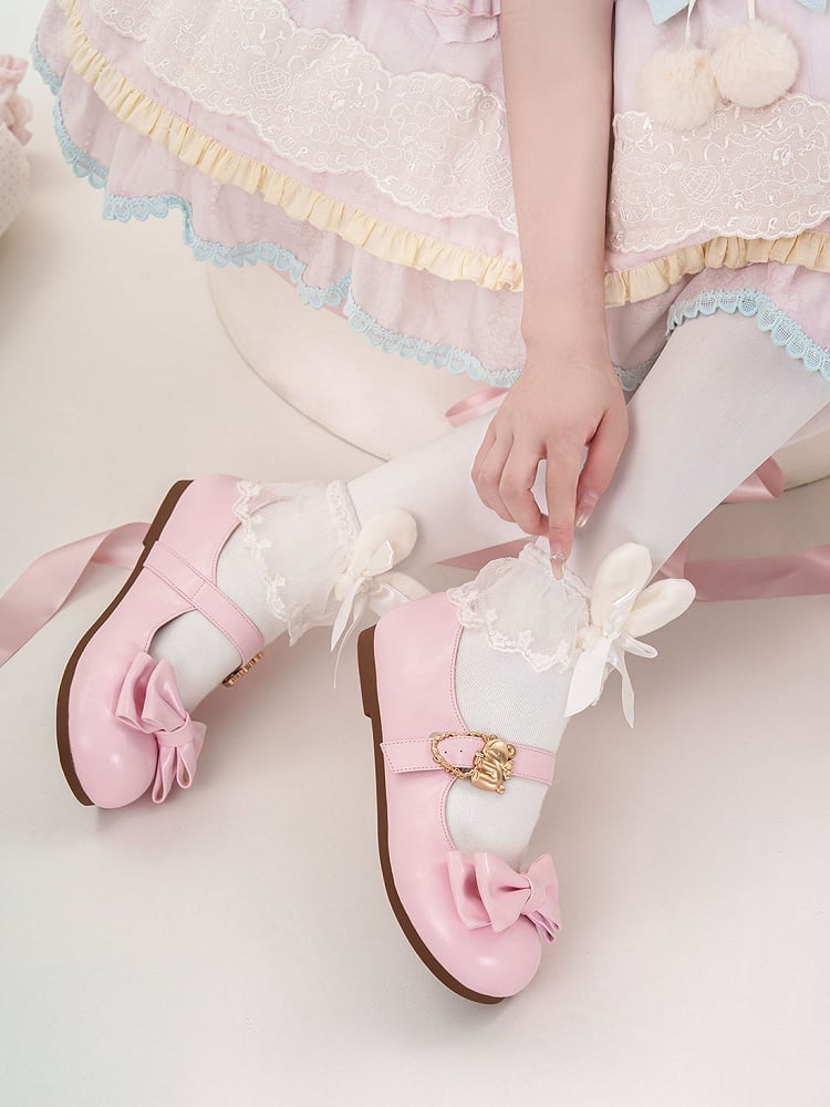 Pink Sweet Flats Bear at with Bow Heart Lolita Top Buckles Hugging