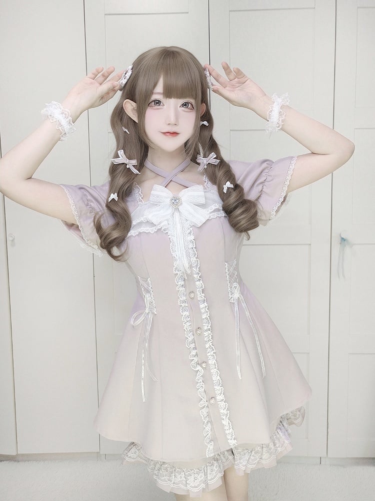 Dress Shorts Set: Buttons Coord Heart + Sweet Kei Jirai with Light Pink Shaped Halter