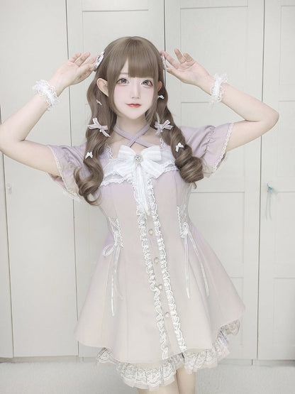 Dress Shorts Set: Buttons Coord Heart + Sweet Kei Jirai with Light Pink Shaped Halter