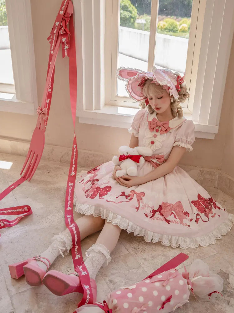 Kurze Schleifen Rosa Stück Ein Süßes Kleid und Ärmel Print Lolita Bunny