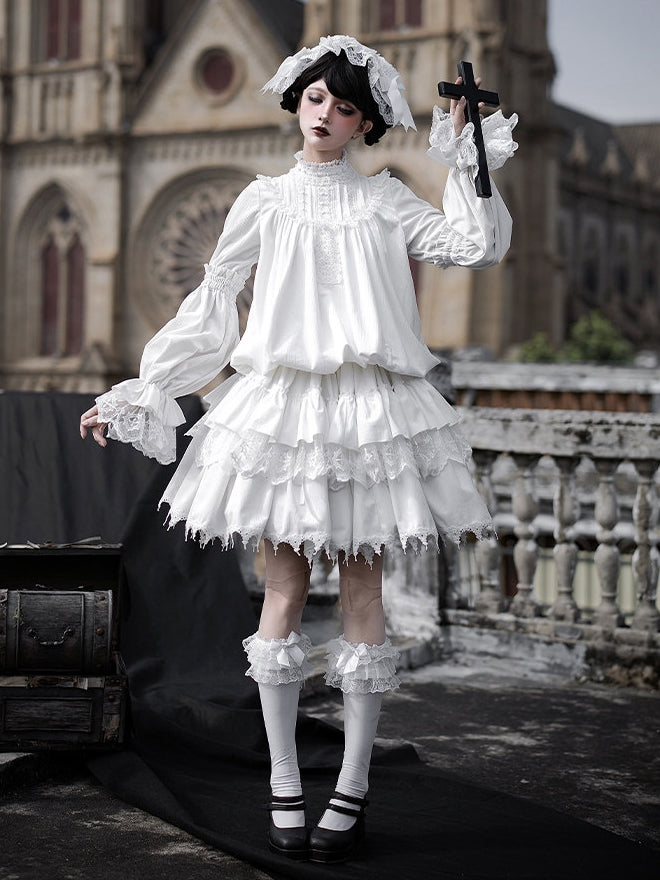 Gothic Ruffled with Versatile Hem Dress Lolita White Drawstring Velvet