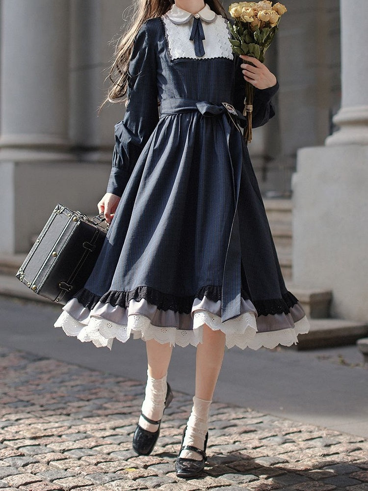 Ärmel Ein Blaues Klassisches Plaid mit Elegantem Lolita Long in Piece Taillengürtel Navy