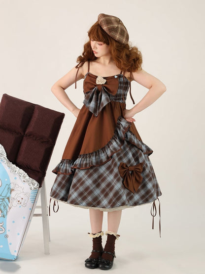 and Dress Asymmetrical Sweet Ruffles Brown Lolita Bow with Accents JSK Blue Plaid