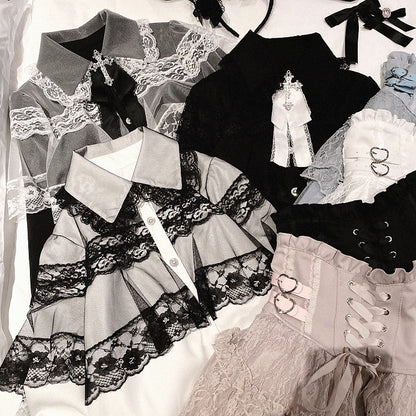 Jirai Kei Bluse im Landminenstil, weiß und schwarz/ganz schwarz, mit Cape-Design aus Spitze