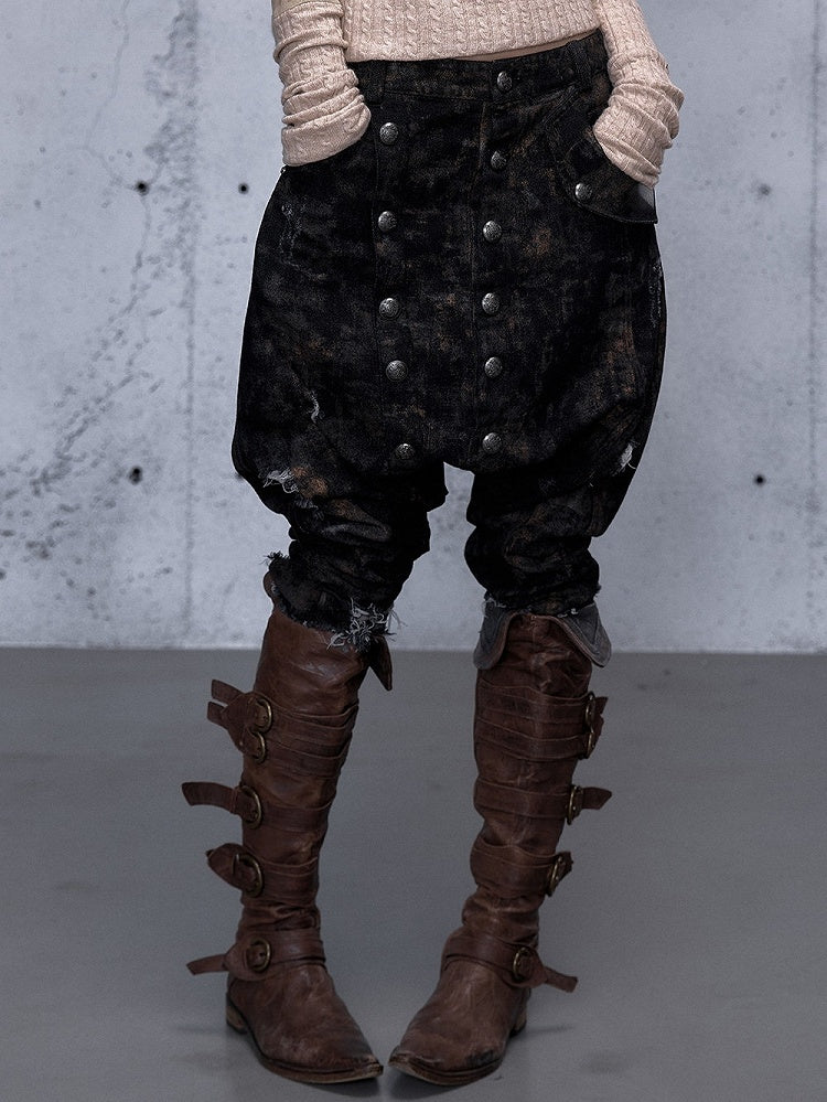 - Elastic Harem Cropped Partial Wasteland with Distressed Punk Waistband Design Jeans Black