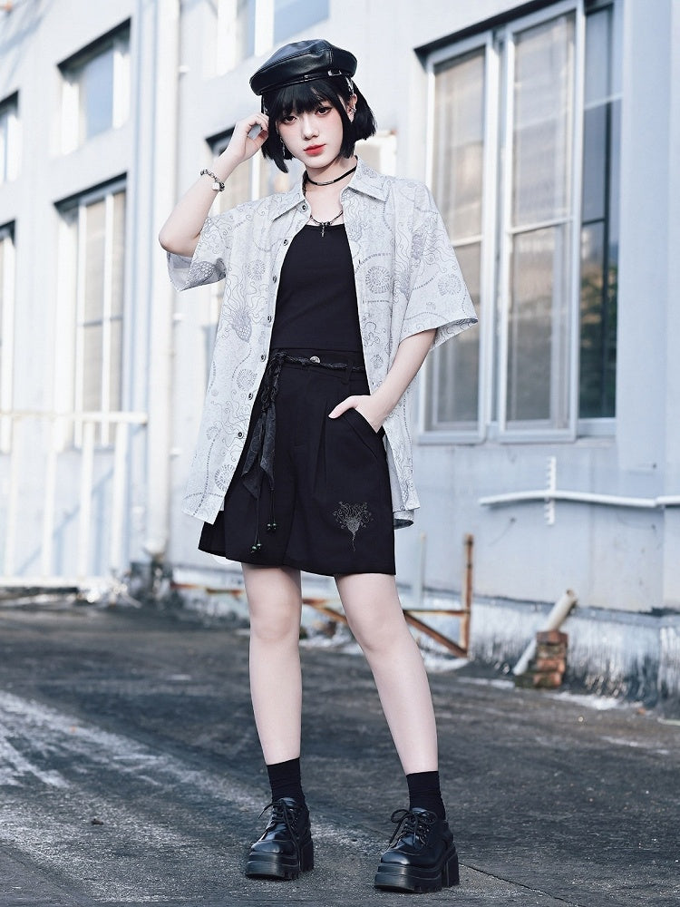Black Wide Leg Shorts with Sea Lily Embroidery - Quirky Hut