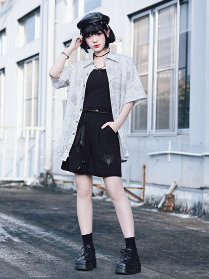 Black Wide Leg Shorts with Sea Lily Embroidery - Quirky Hut