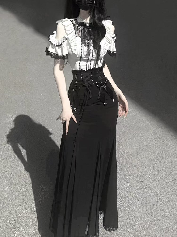 Short Neckline Kei and Illusion Black Cutout with White Blouse Lace Jirai Sleeves Shoulder Trim