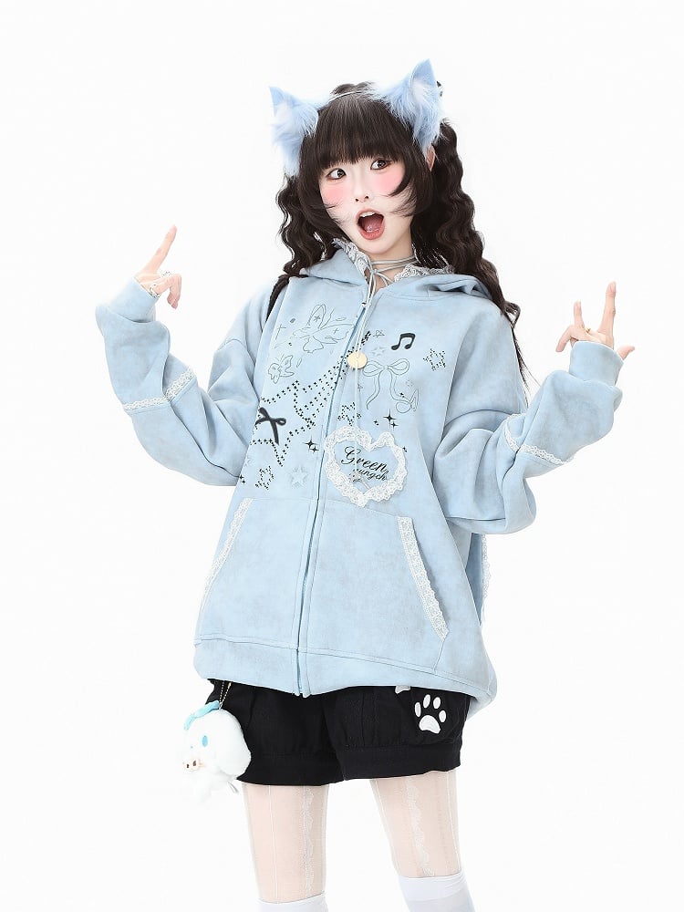 Ear with Gray/Pink Bunny Bow Regular/Thicken Lace-Trimmed Blue/Light Hoodie Accents