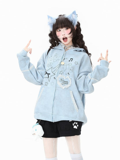 Ear with Gray/Pink Bunny Bow Regular/Thicken Lace-Trimmed Blue/Light Hoodie Accents