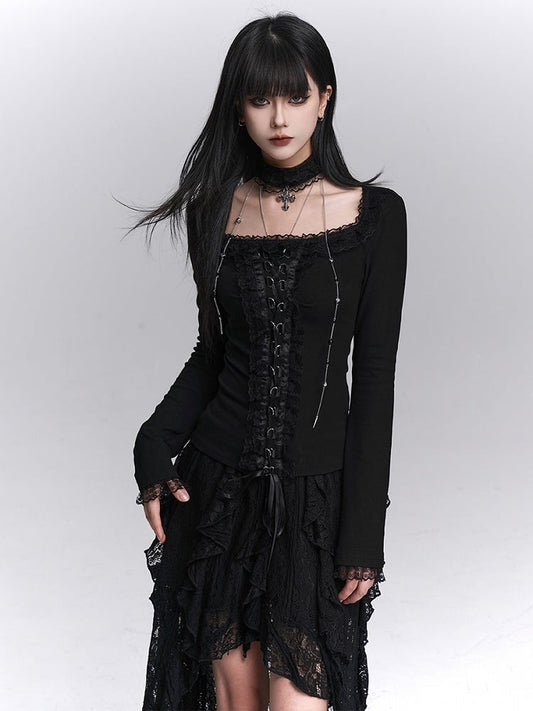 Crisscross Choker Black Gothic Trim with Lace-Up Top Lace Front Halloween Matching