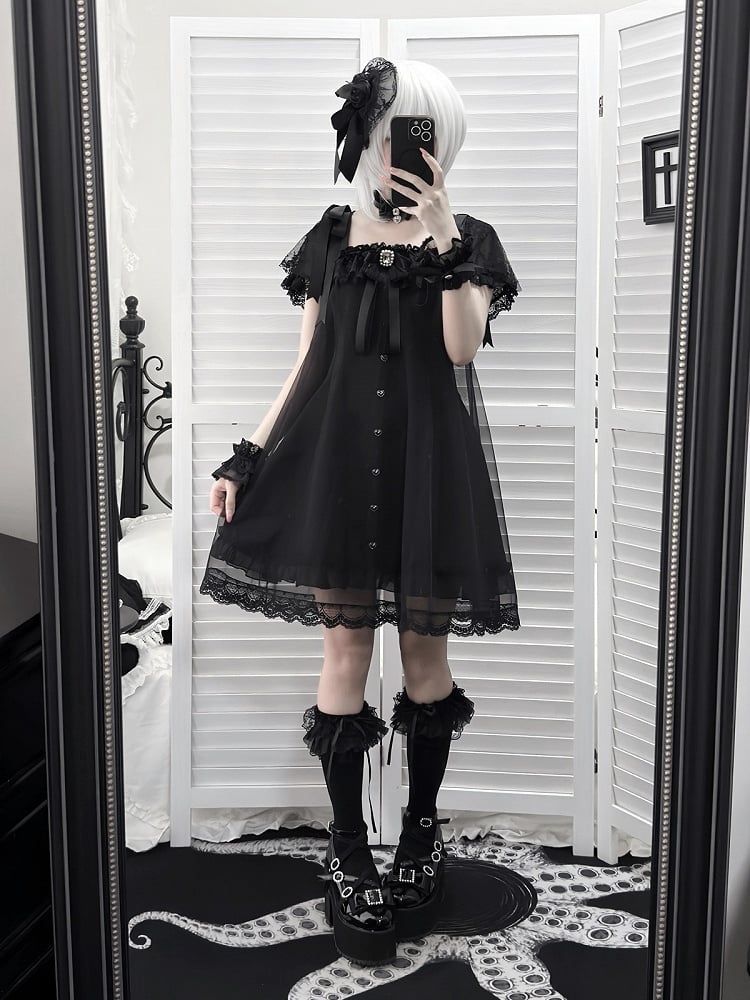 Gothic Square Neck Dress with Bow Accents - Ekomi