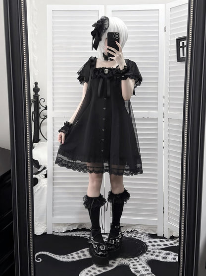Gothic Square Neck Dress with Bow Accents - Ekomi