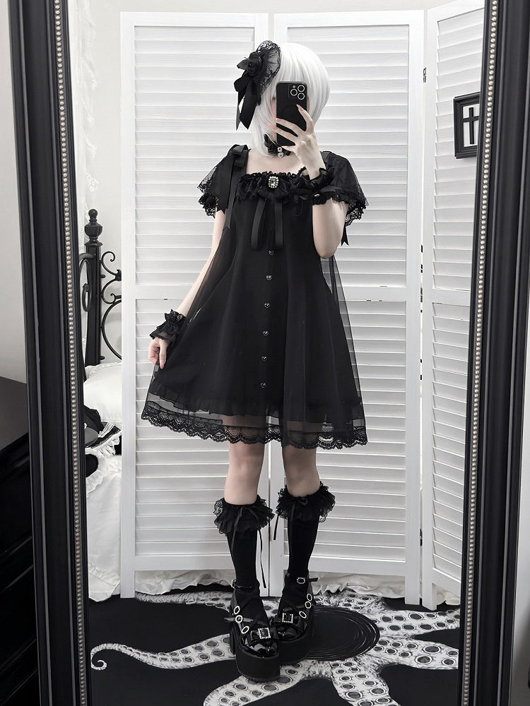 Square-Neck Gothic Dress with Sheer Overlay & Bow Detail - Ekomi