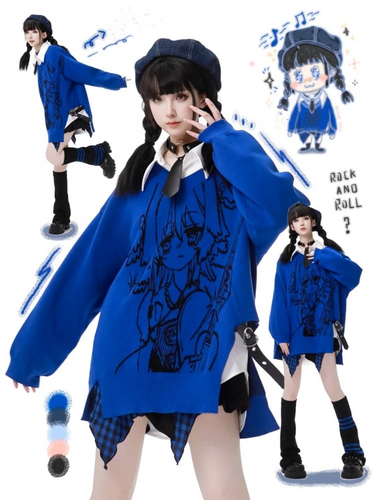 パンクロックガール柄 ブルー Vネック セーター ハート PU バックル付き