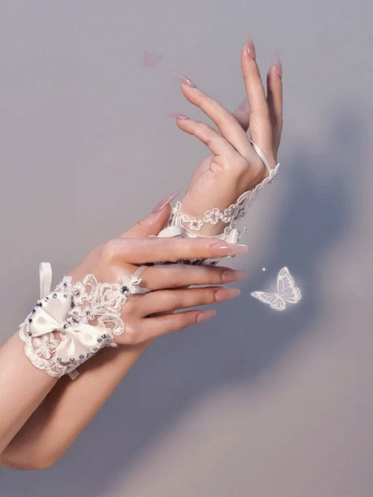 White Lace Wrist Cuffs with Rhinestone and Bow Decorations - Mr. Cat