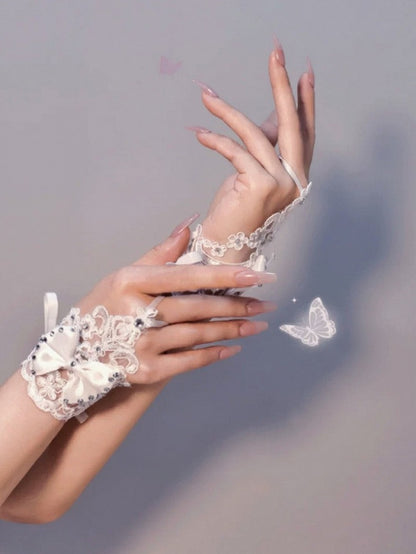 White Lace Wrist Cuffs with Rhinestone and Bow Decorations - Mr. Cat