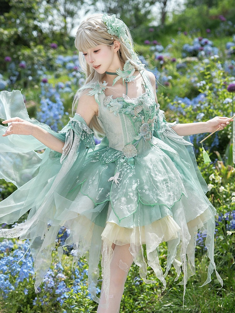 Green Chinoiserie Lolita Boning Corset JSK Dress with Bird & Floral Embroidery Patch - Misty Isle Letter