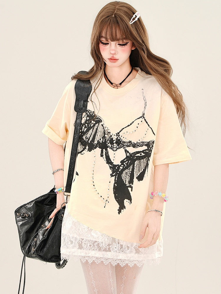 アプリコット/ブラック ブラグラフィックTシャツ（ビーズ装飾付き）