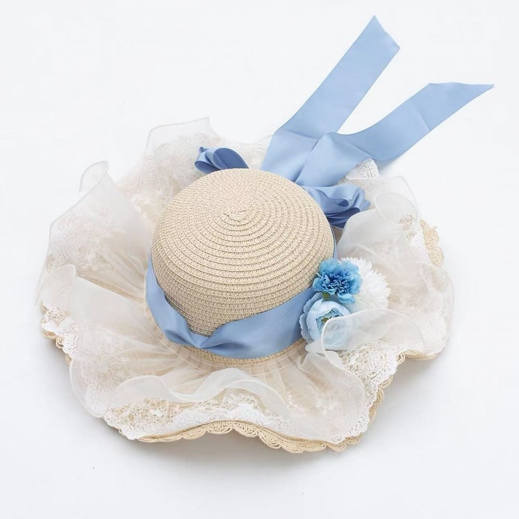 Bowknot and Straw Flowers Hat Blue Decorated