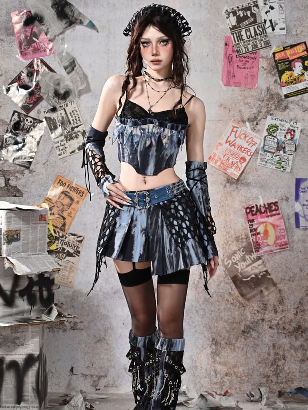 Grunge Punk Rock Fee Blau Asymmetrischer Saum Tie Dye Faltenrock mit Gratis Kettengürtel