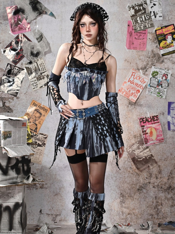 Dye Grunge Asymmetrical Hem Tie PU Style Blue Punk Rock Fairy