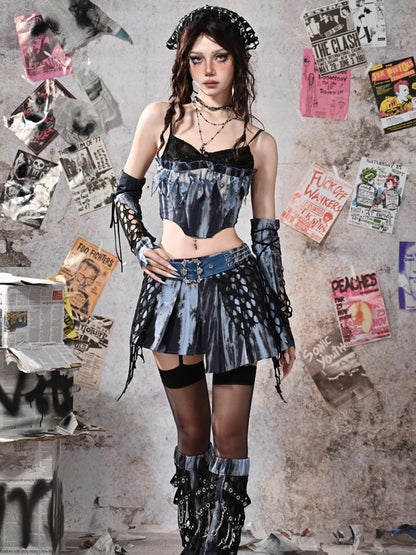 Dye Grunge Asymmetrical Hem Tie PU Style Blue Punk Rock Fairy