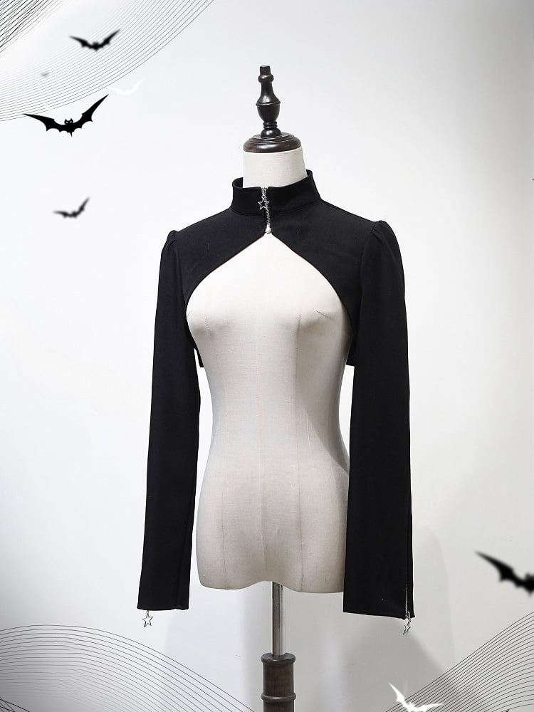 Star Zip Cropped Long Charm Sleeves Top Black Cuffs