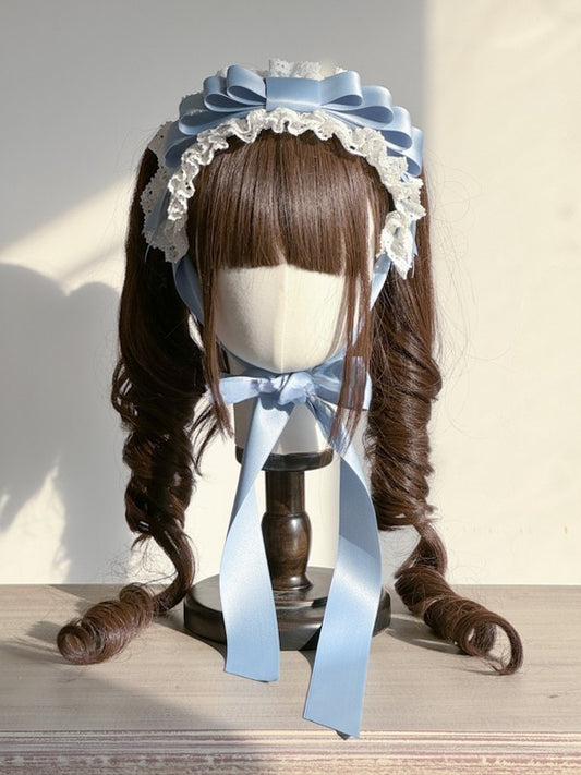 Layered Bow Blue Lace Trimmed Lolita Veil Hairband and