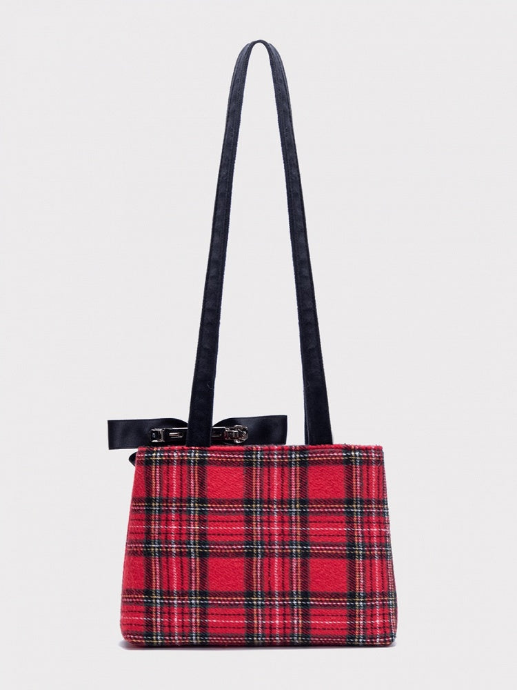 Chic Red Plaid One-Shoulder Mini Tote With Detachable Black Bow