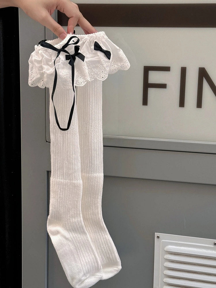 Bow Ribbed Lace Stockings Ruffled with