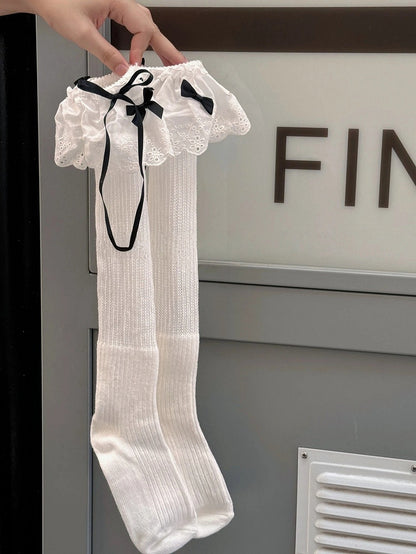 Bow Ribbed Lace Stockings Ruffled with