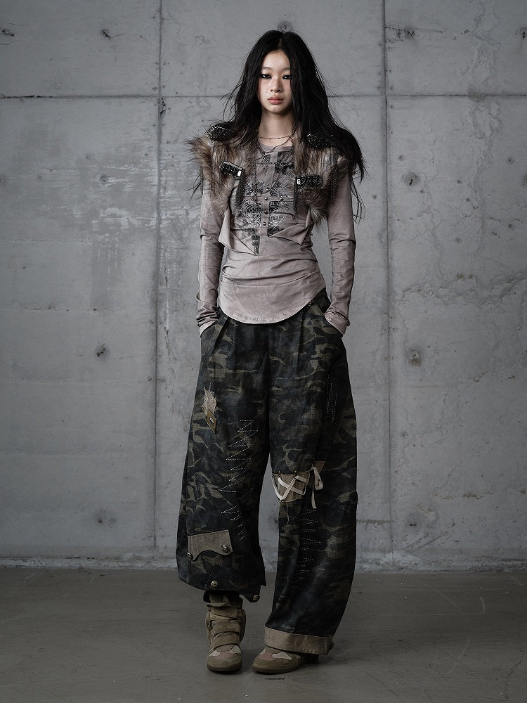 Knit Vintage Wing Print with Design Cross Deconstructed Gray Top Punk