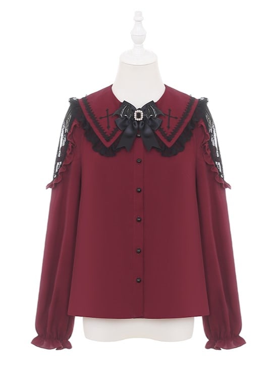 Shoulders Collar Lace Cross Embroidered Blouse Pointed Red with Wine