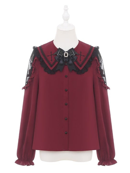 Shoulders Collar Lace Cross Embroidered Blouse Pointed Red with Wine