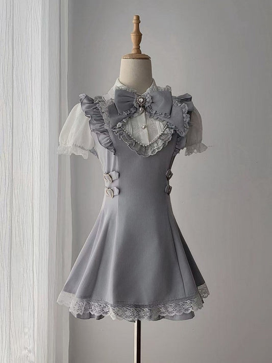 Blue and White Landmine Style Lace Trim Short Sleeve Dress with Matching Shorts and Bow Tie Set - Ekomi