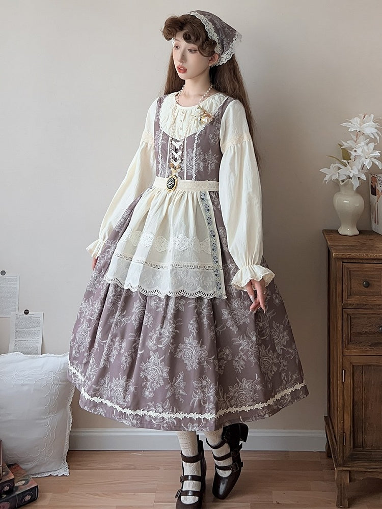 Brown & Beige Rosette Print Long-sleeved Elegant Classic Lolita Dress