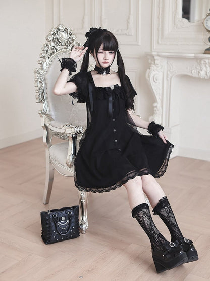 Gothic Square Neck Dress with Bow Accents - Ekomi