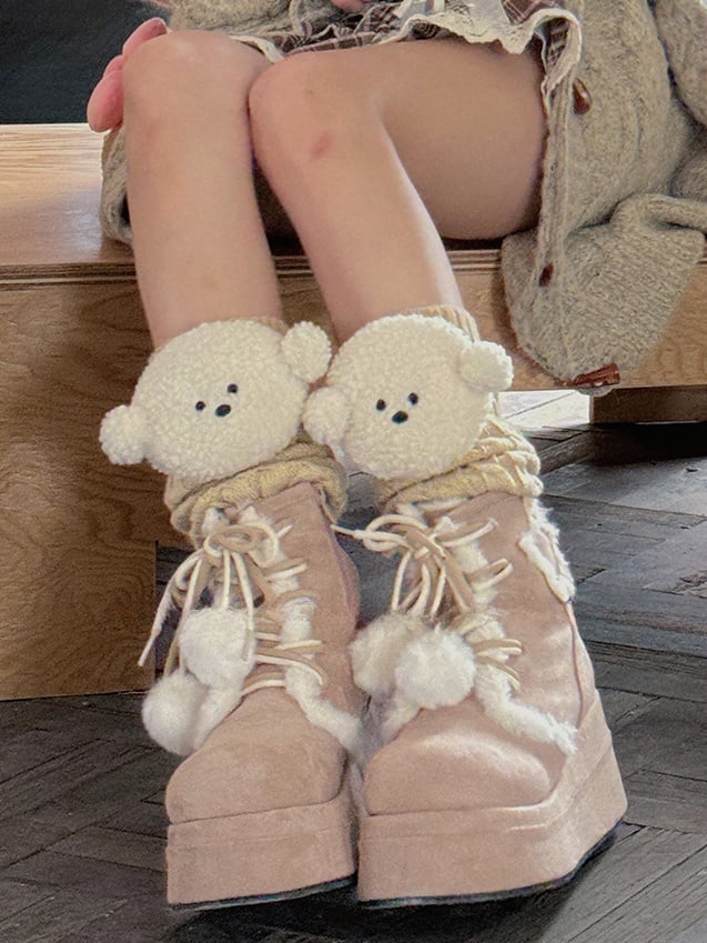 ホワイト/カーキ/ライトグレー/コーヒーのニットレッグウォーマー（子犬のぬいぐるみ付き）
