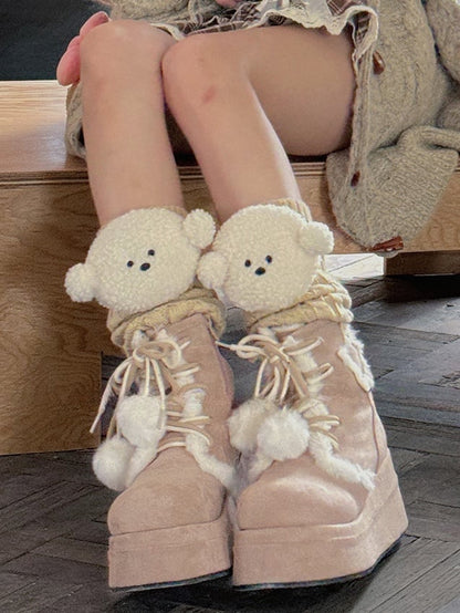 ホワイト/カーキ/ライトグレー/コーヒーのニットレッグウォーマー（子犬のぬいぐるみ付き）