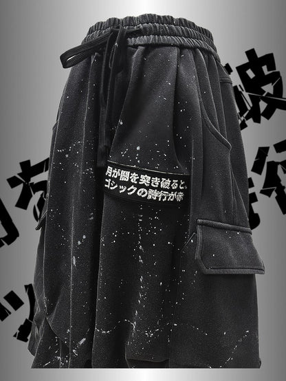 デザインパンツ ブラック アシンメトリー カーゴ パンク ウェイストランド プリント ワイドレッグ