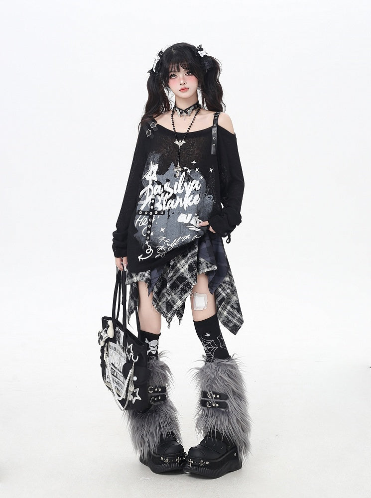 Gray/Black Asymmetrical Neckline Graffiti Print Star Light Buckles Coverup