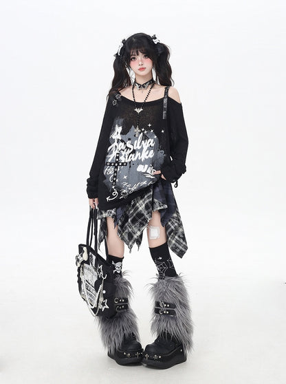 Gray/Black Asymmetrical Neckline Graffiti Print Star Light Buckles Coverup