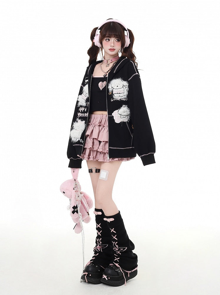 Puppy Embroidery Applique Black/Light Blue Plush Zip Closure Hoodie