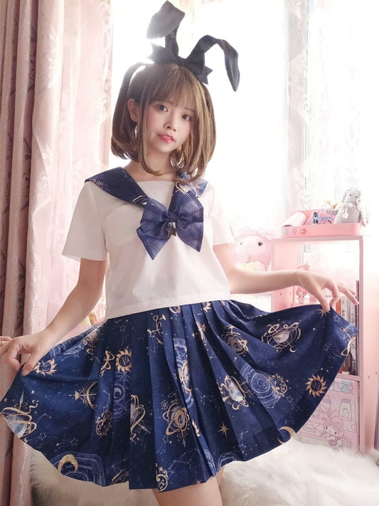 Navy Blue Celestial Globes Print JK Uniform Pleated Skirt