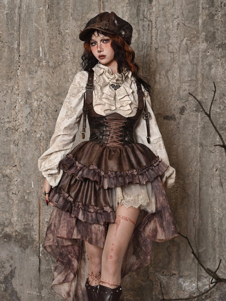 Braunes Steampunk-Overallkleid im Westernstil mit abnehmbarer Schleppe