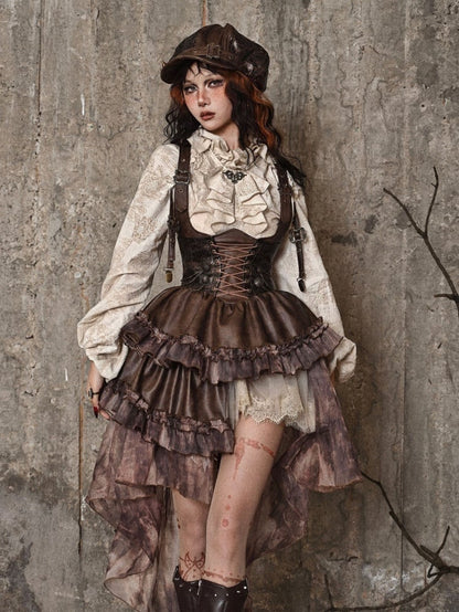 Braunes Steampunk-Overallkleid im Westernstil mit abnehmbarer Schleppe
